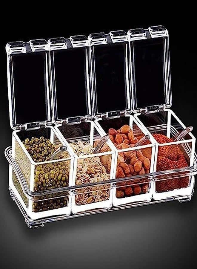 Fresh creation Crystal Plastic Seasoning Acrylic Spice Rack, 4 Pieces Box with 4 Spoons, Kitchen Ware, Masala Container., Clear - Image 1